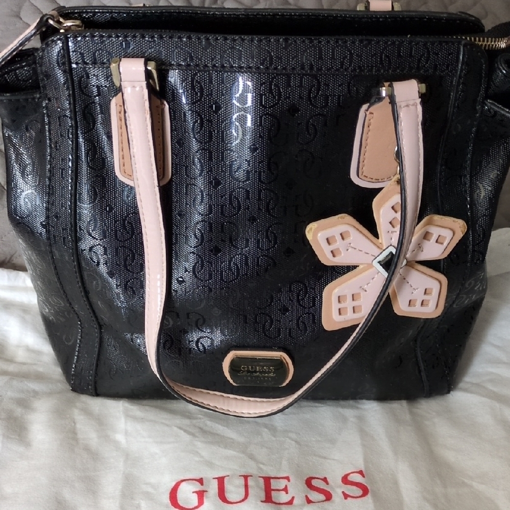 Guess Black and Pink Tote with Croc-Embossed Texture